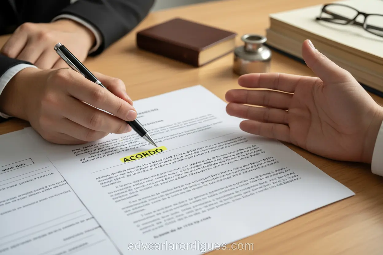 Mãos sobre documentos de divórcio, representando acordo ou disputa.