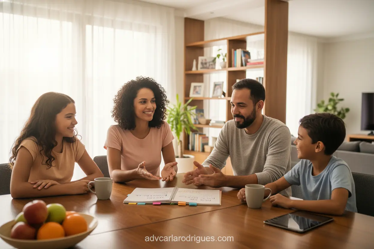 Família discutindo guarda e partilha de bens