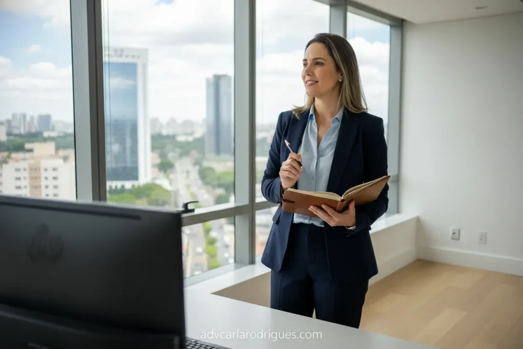 Mulher em escritório com vista para São Paulo, simbolizando recomeço após divórcio.