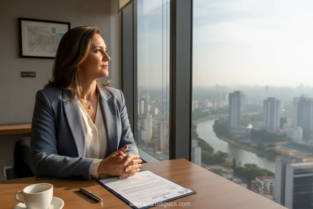 Mulher pensativa em escritório de advocacia em São Paulo