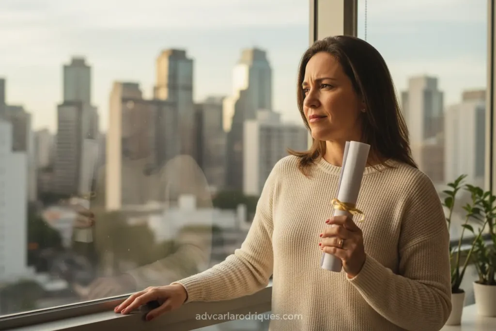 Mulher pensativa em São Paulo, buscando advogado para divórcio.