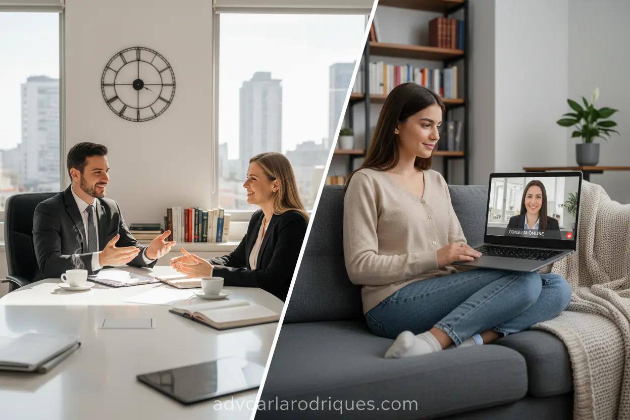 Advogado atendendo cliente presencialmente e via videochamada para divórcio.