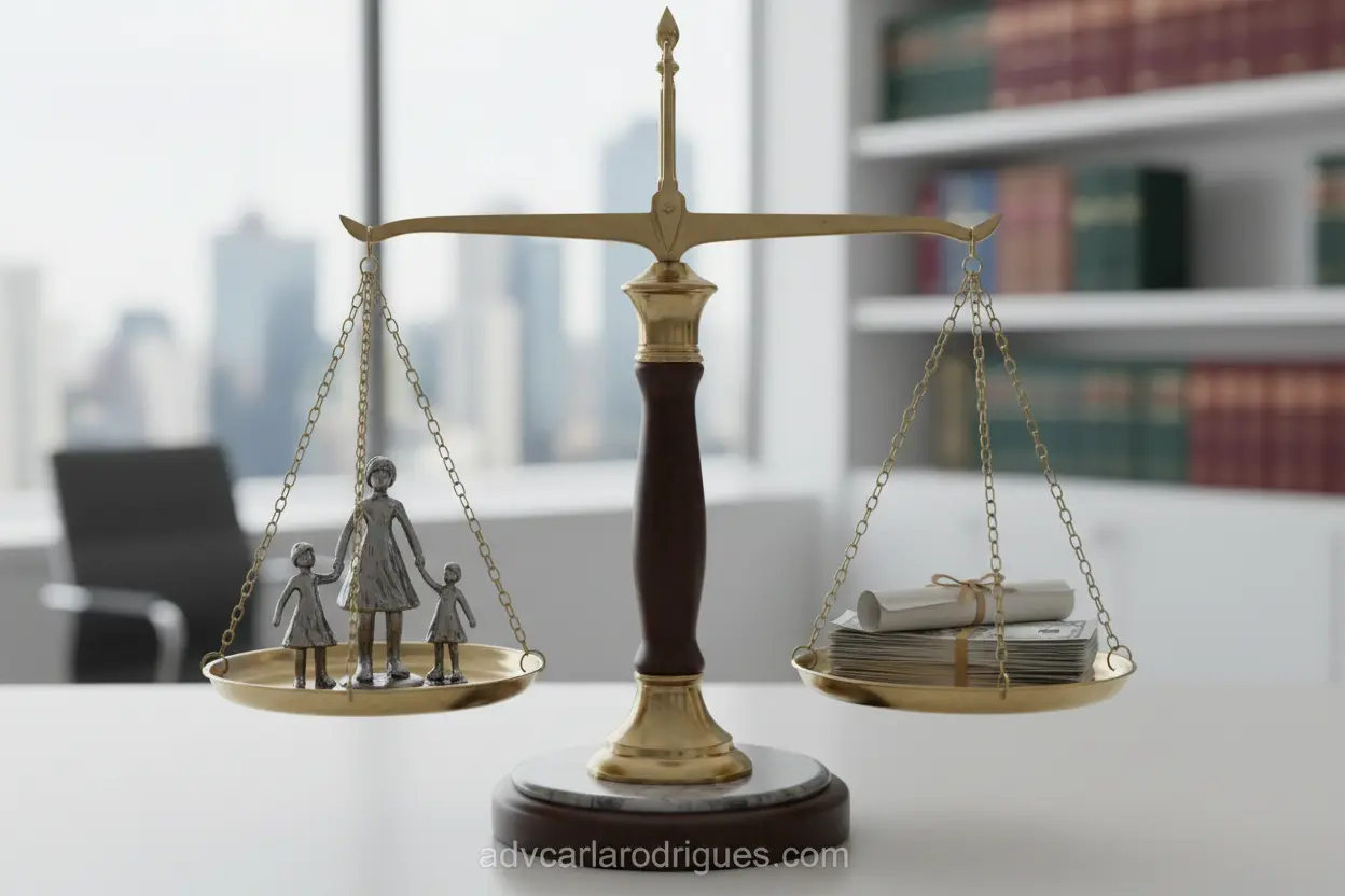 Balança da justiça com figuras de família e dinheiro, ilustrando a divisão de bens e responsabilidades.