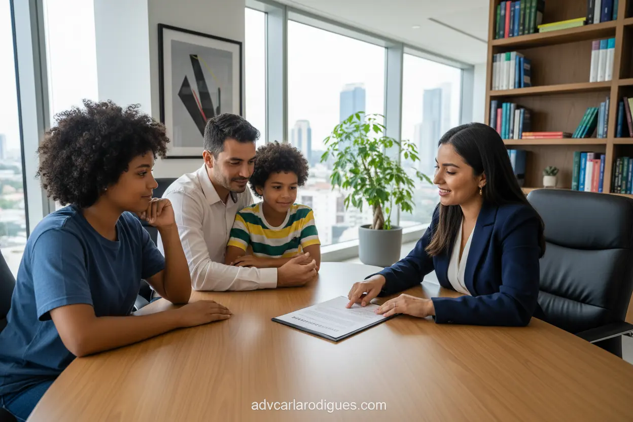 Advogado orientando sobre guarda, pensão e partilha de bens.