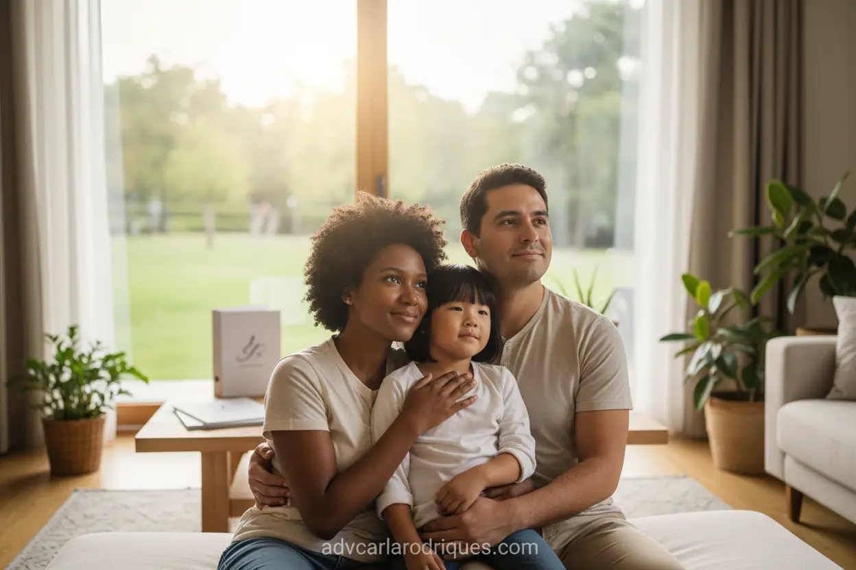 Direitos no Divórcio Protegidos Família em harmonia após divórcio, com direitos de guarda e pensão assegurados.
