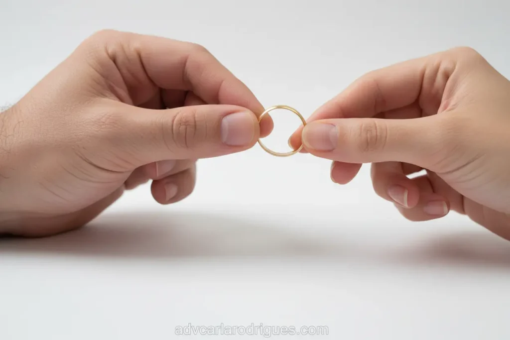 Mãos separando anel de casamento, representando divórcio consensual em São Paulo de forma amigável.