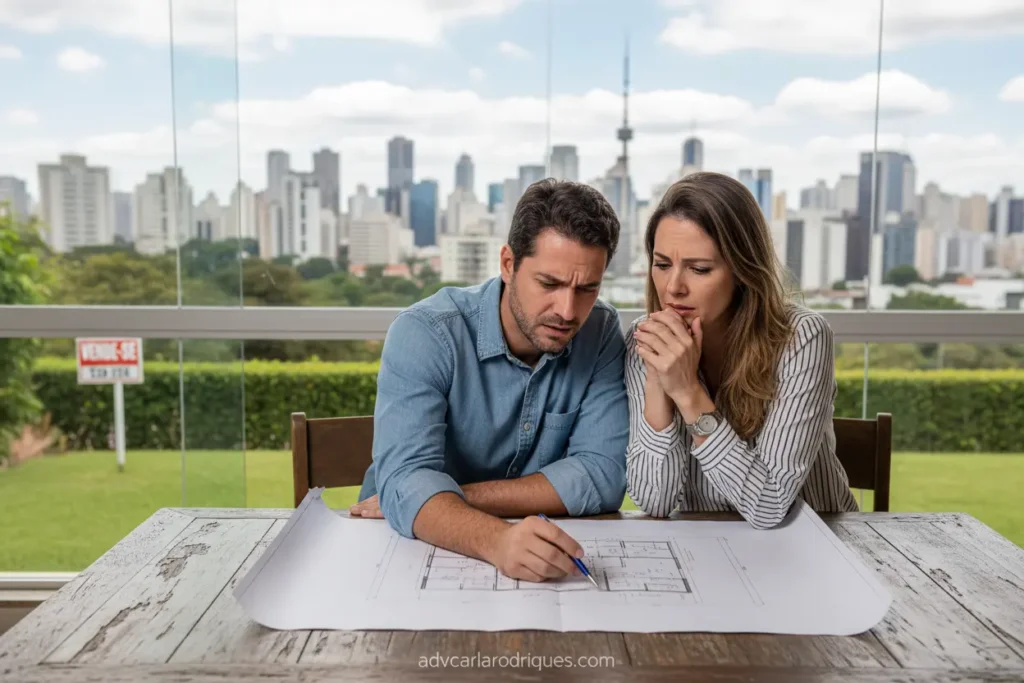Casal analisando planta de imóvel durante o divórcio