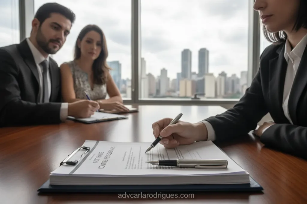Casal e advogada revisando documentos de divórcio em cartório em São Paulo.