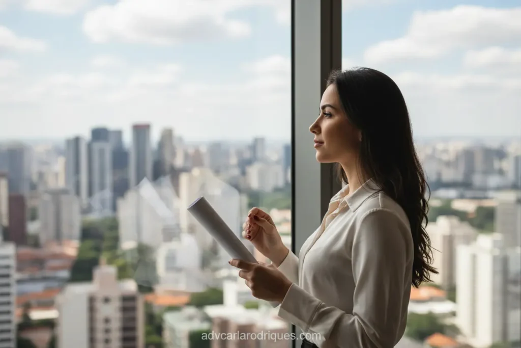 Mulher pensativa em escritório sobre divórcio em São Paulo