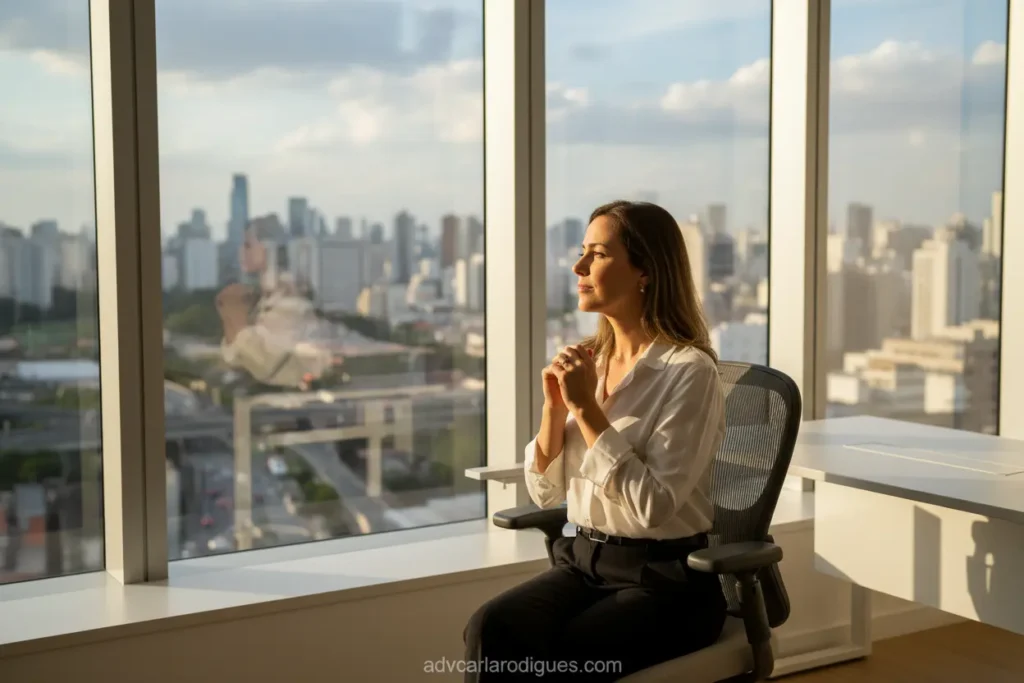 Mulher pensativa em escritório, divórcio em São Paulo