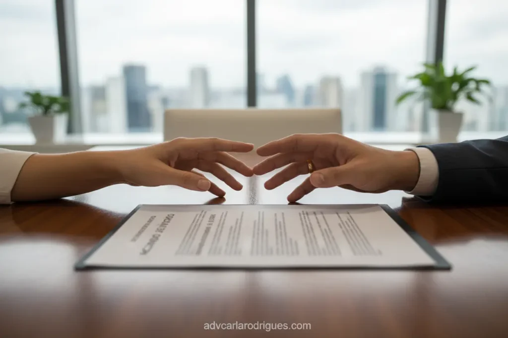 Mãos sobre documentos de divórcio litigioso em São Paulo