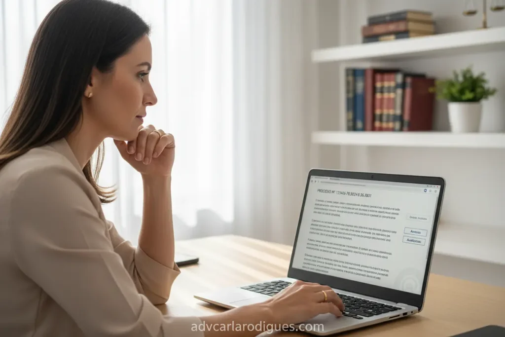 Mulher em São Paulo fazendo pedido de divórcio online no laptop