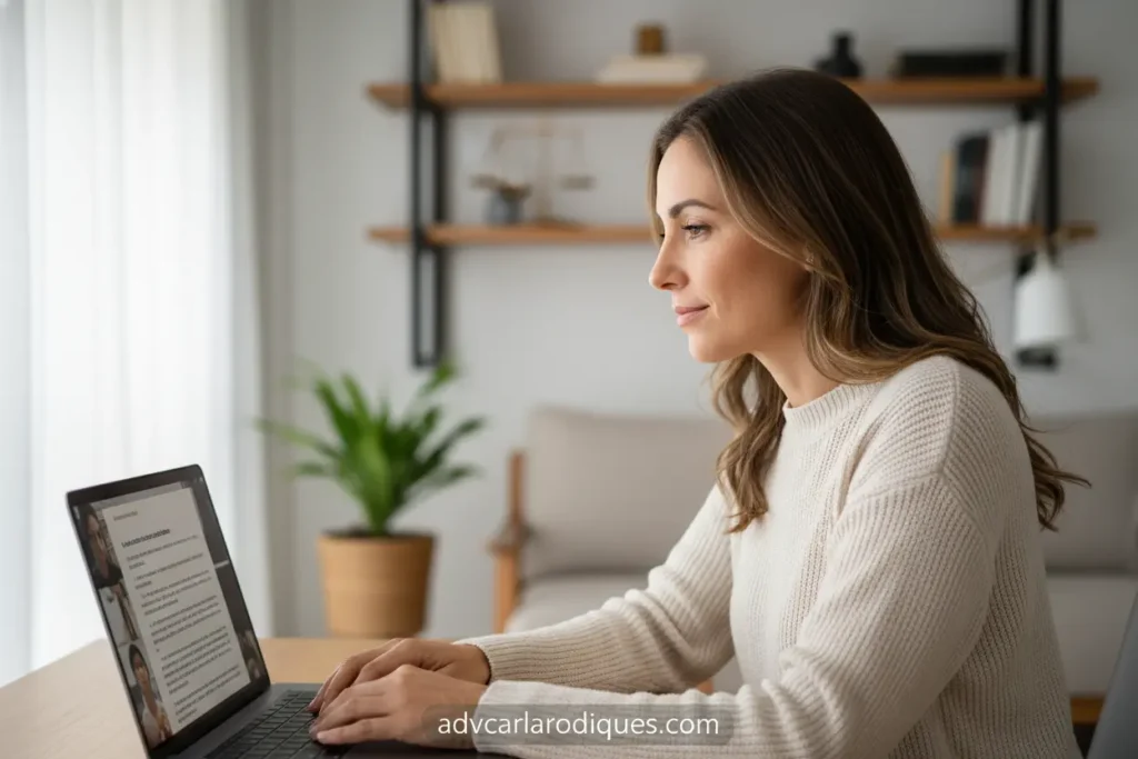 Mulher serena usando notebook para divórcio online em São Paulo.