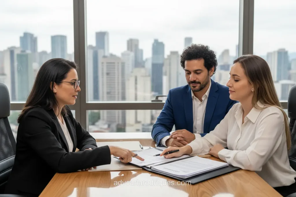 Casal e advogado revisando documentos para divórcio consensual em São Paulo