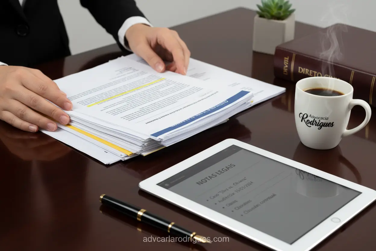 Mãos organizando documentos importantes para o processo de divórcio.