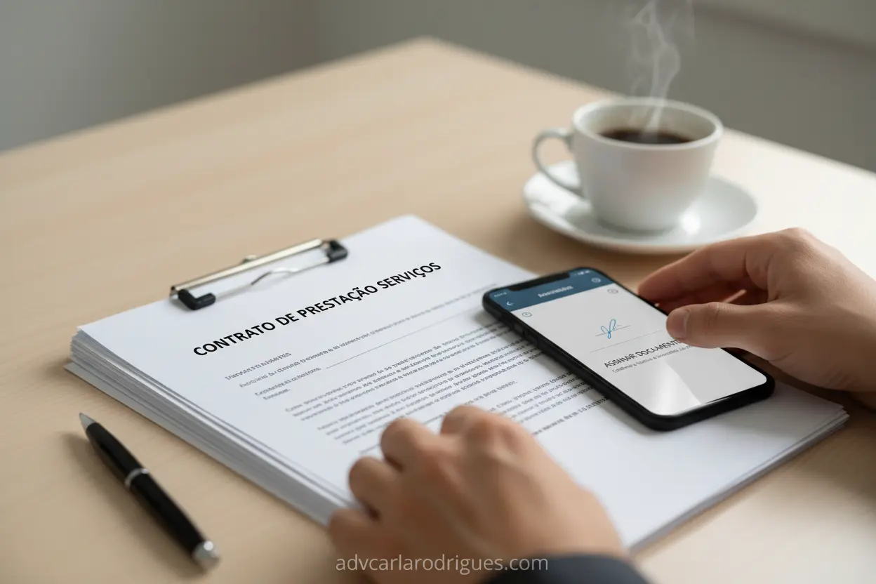 Mãos organizando documentos para divórcio online