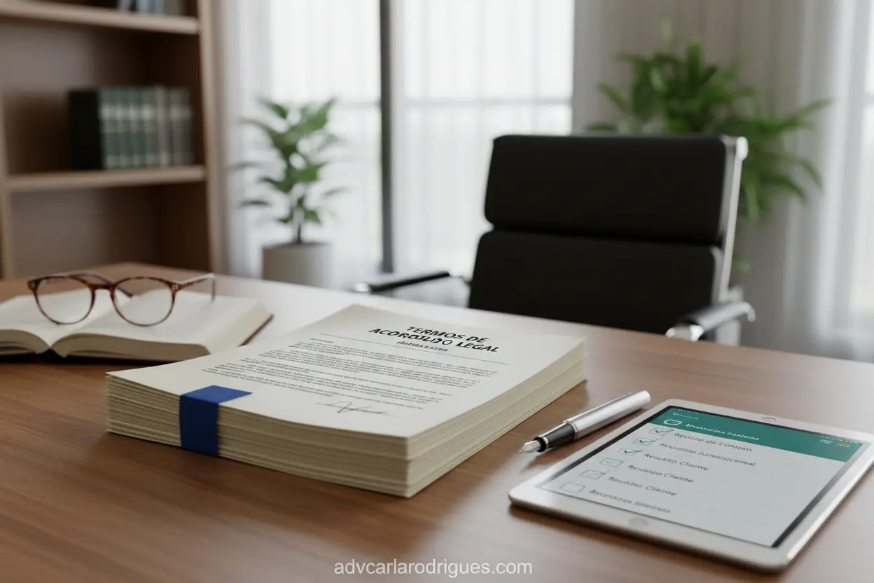 Documentos para Divórcio Online Documentos e tablet em mesa organizada para divórcio.