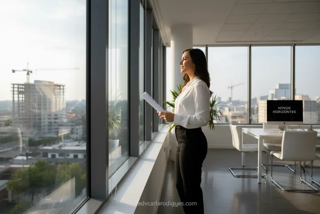 Mulher em escritório, pensando no recomeço com um especialista em divórcio em São Paulo.