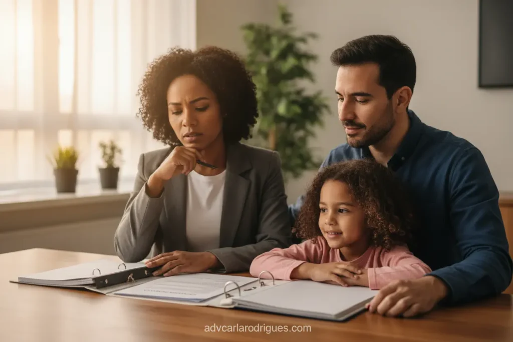 Família em São Paulo com documentos de pensão