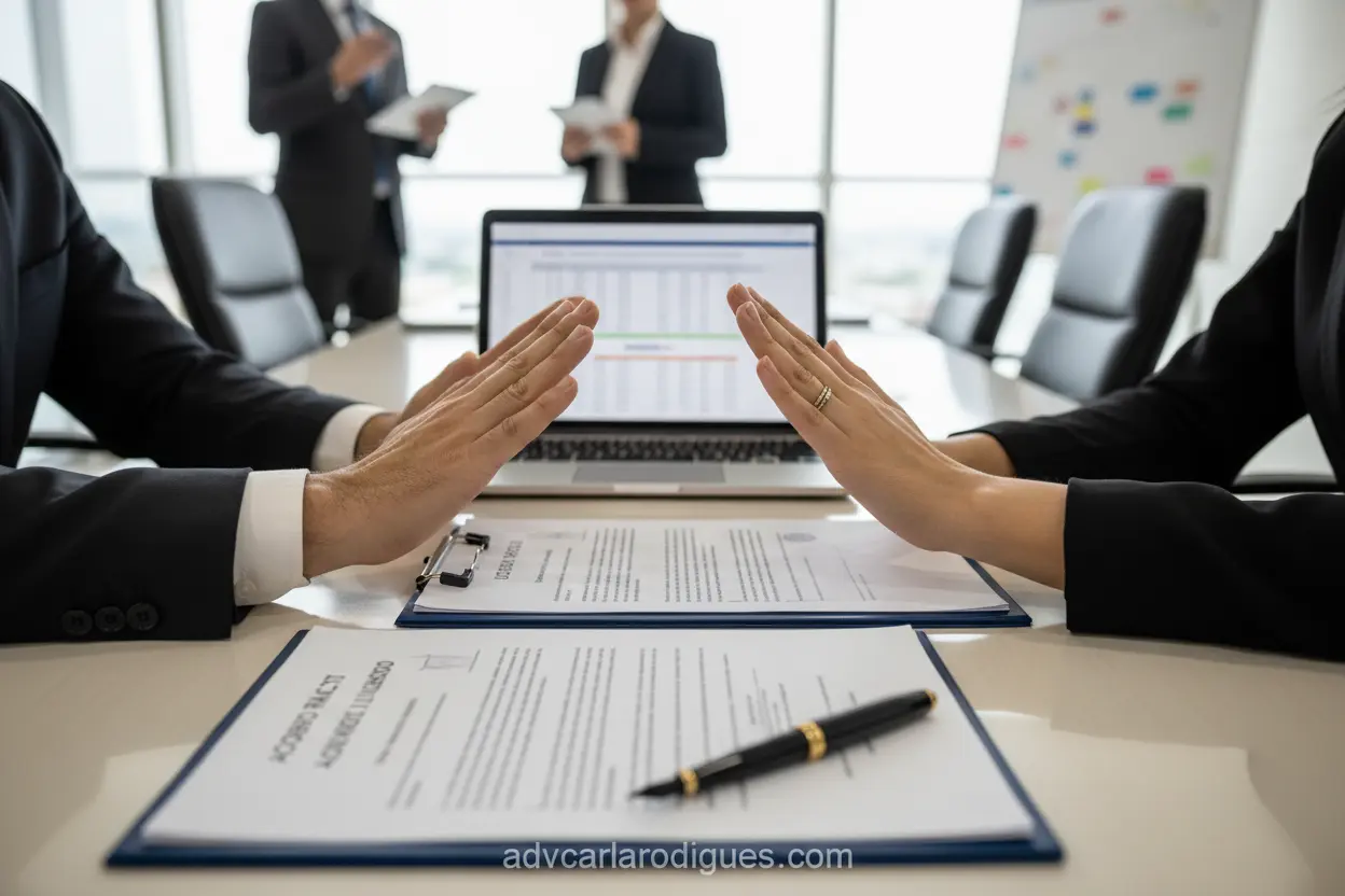 Mãos sobre documentos legais, simbolizando as etapas de como funciona o divórcio litigioso.