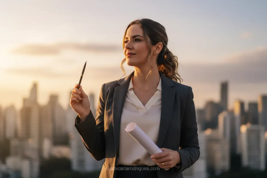 Mulher decidida em São Paulo, pronta para o divórcio.