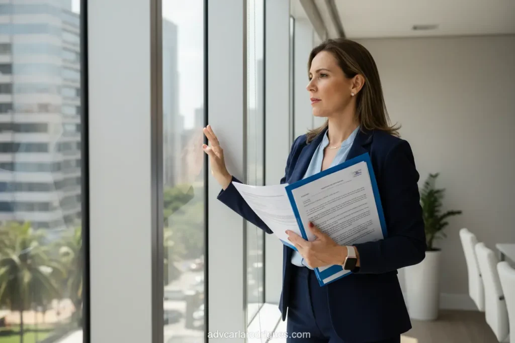Mulher pensativa em escritório de advocacia, simbolizando a jornada do divórcio.