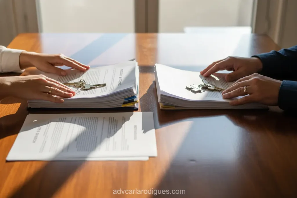 Mãos separando bens em partilha de divórcio