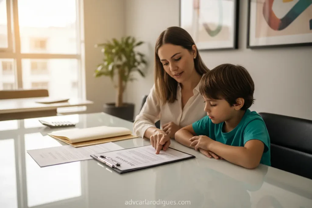 Mãe e filho em escritório de advocacia sobre pensão alimentícia