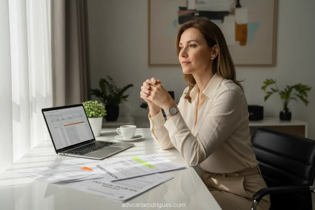 Mulher pensativa com documentos, simbolizando pensão para ex-cônjuge após divórcio.
