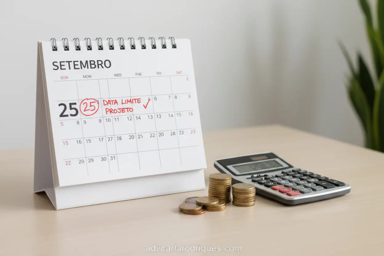 Calendário e moedas simbolizando prazos e custos do divórcio extrajudicial.