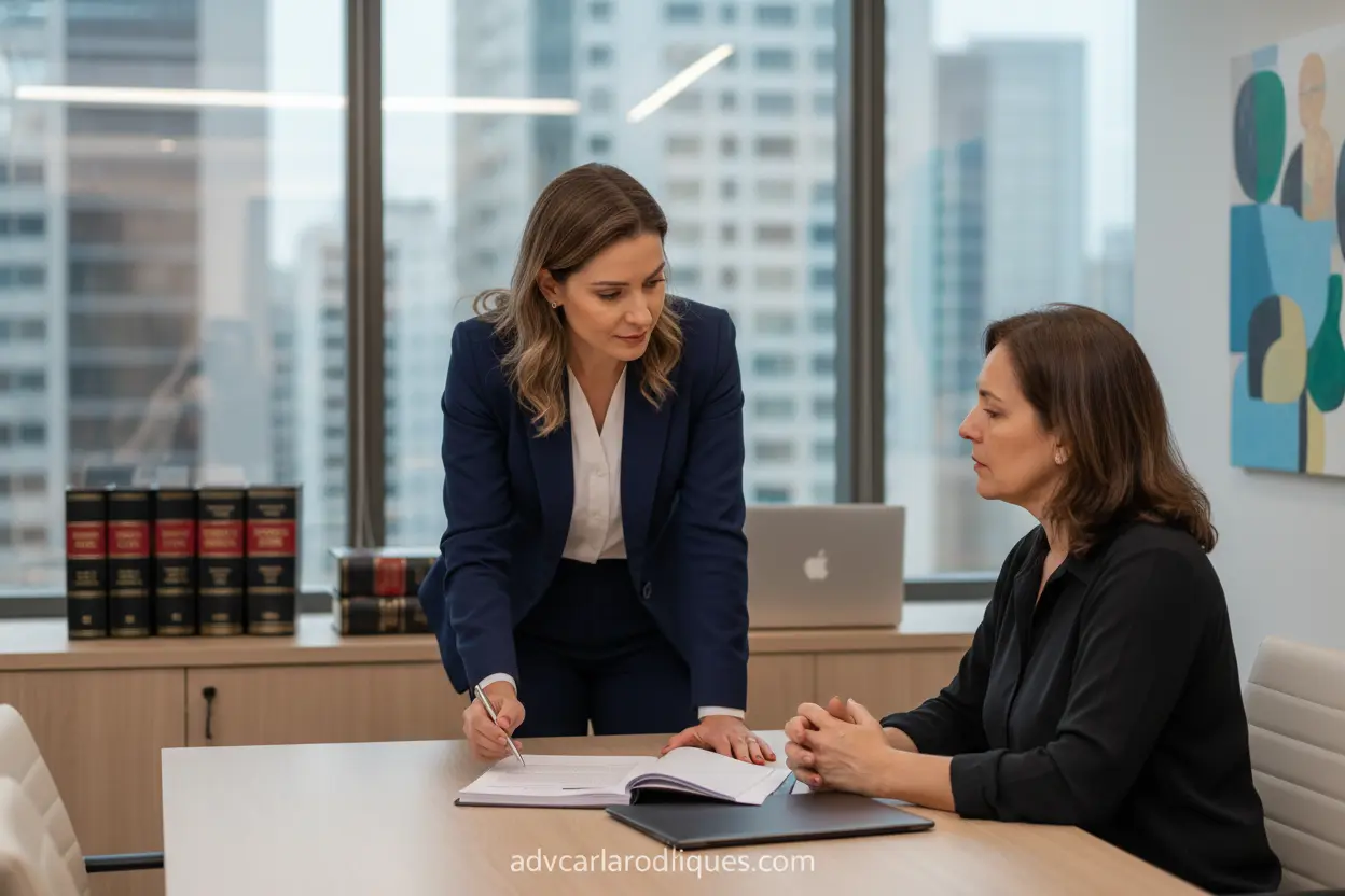 Advogada orientando cliente sobre processo de divórcio