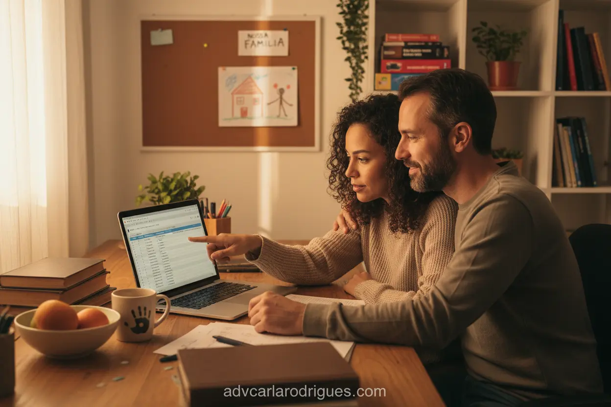 Casal analisando documentos para provar esforço comum em partilha