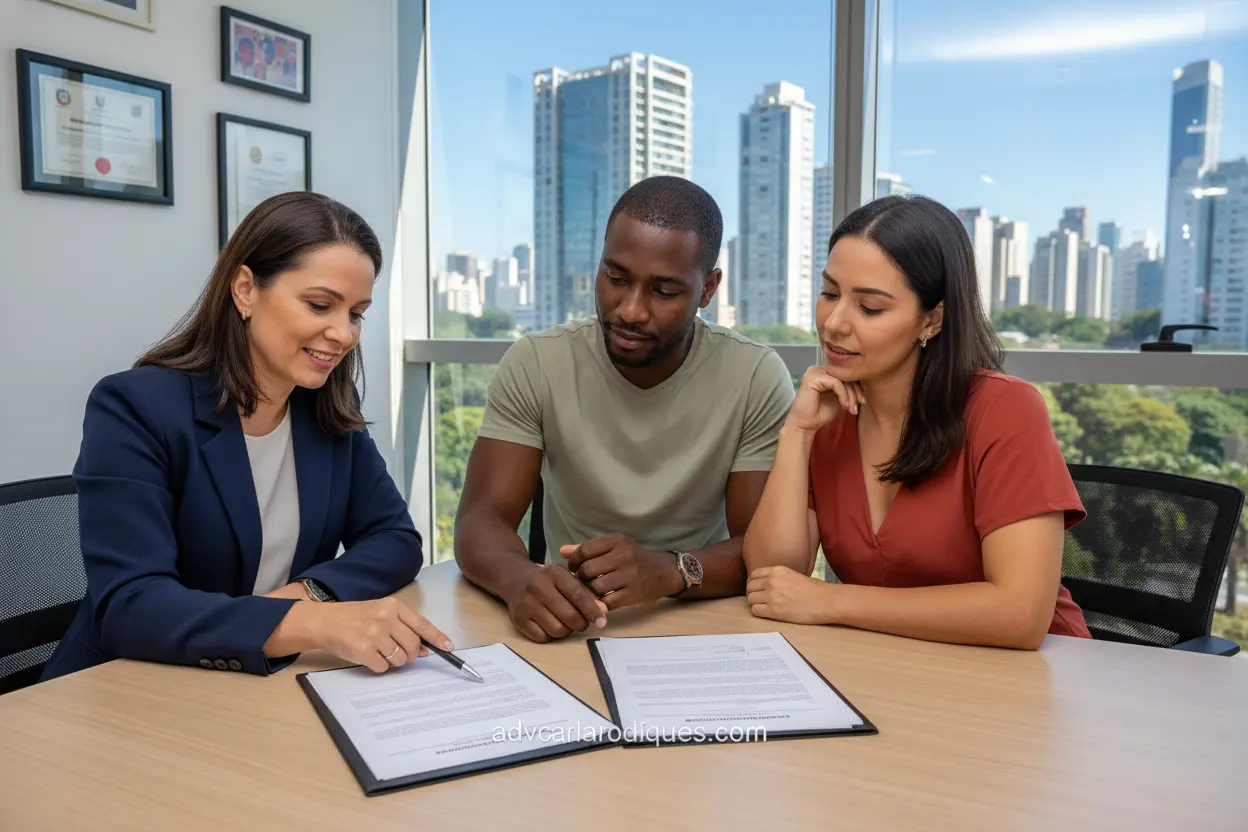Casal e advogada revisando documentos para divórcio consensual, discutindo requisitos.