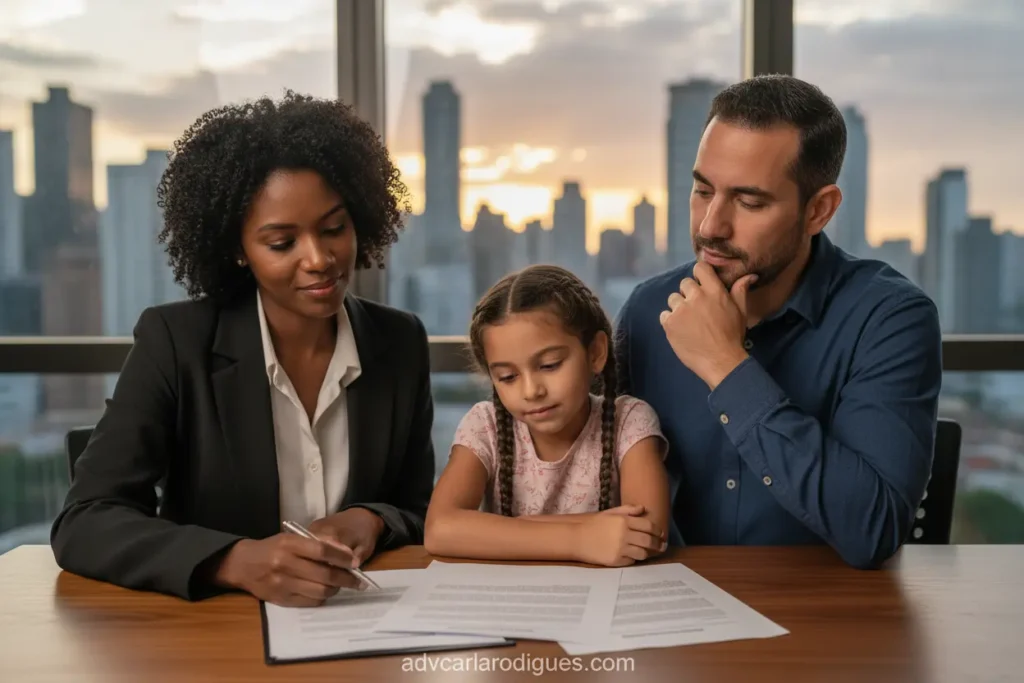 Família reunida com documentos legais sobre revisão de pensão