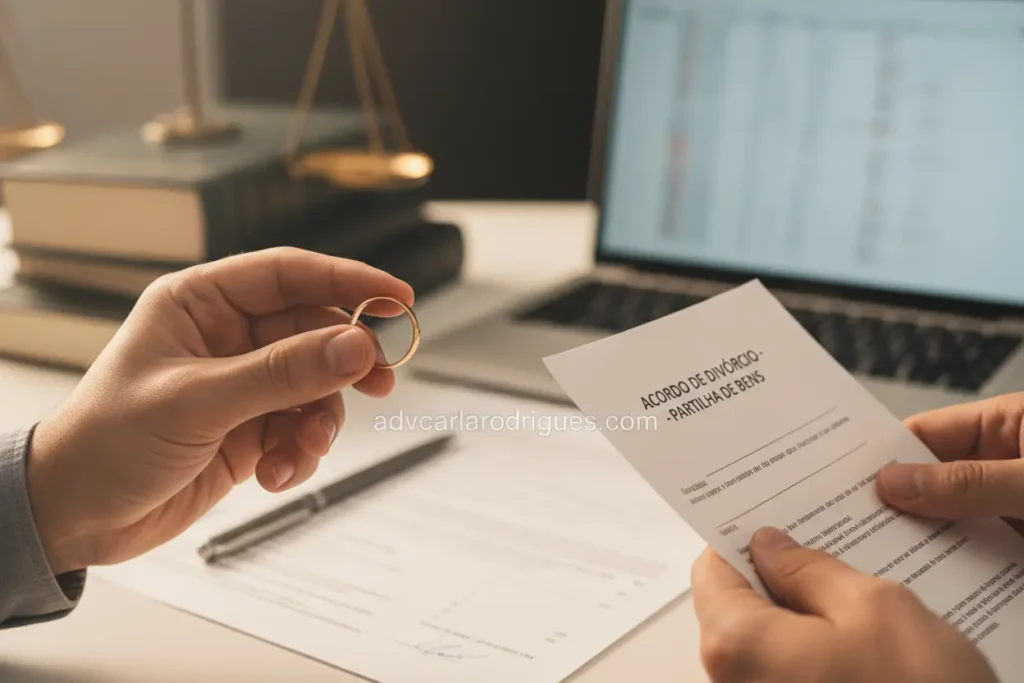 Mãos segurando anel de casamento e documento legal sobre separação total de bens