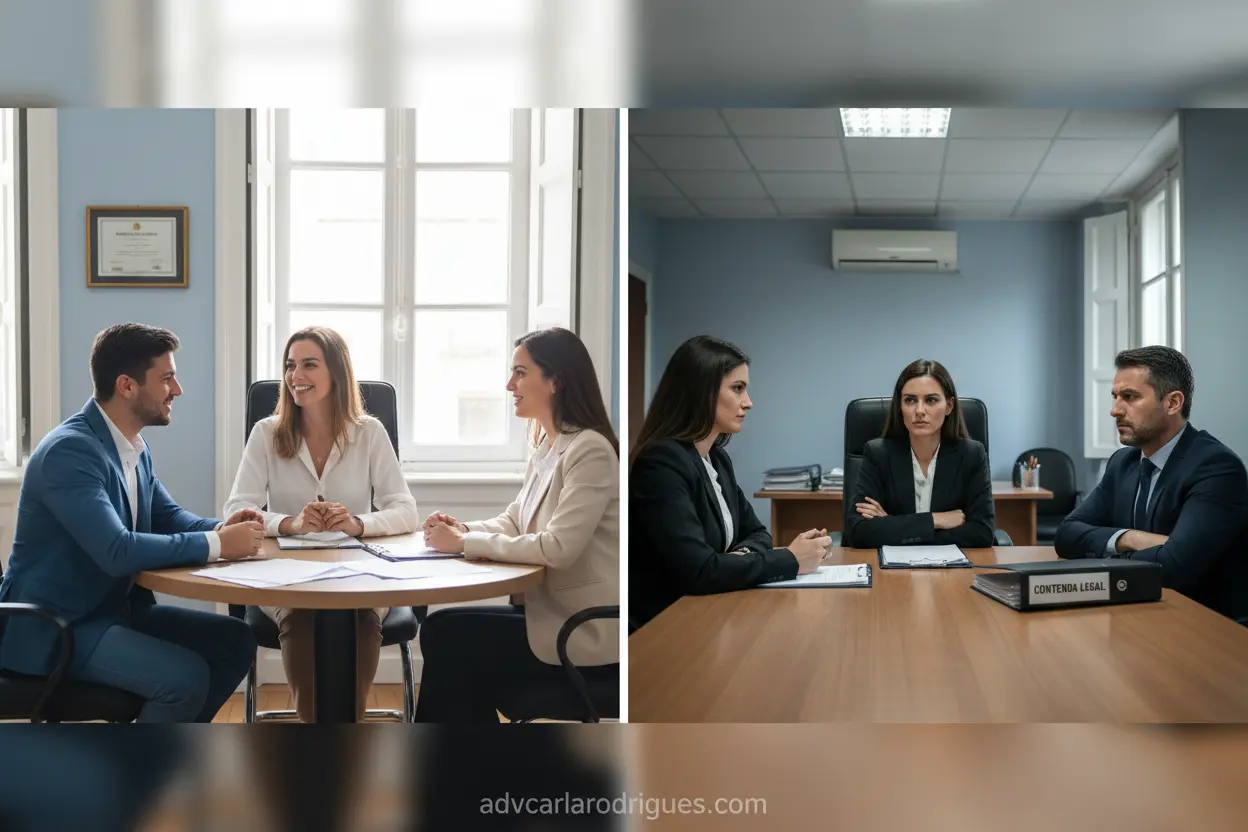 Tipos de Divórcio: Consensual vs. Litigioso Cenas contrastantes de divórcio consensual e litigioso