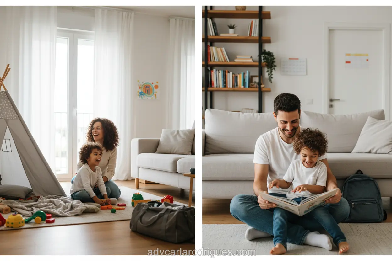 Tipos de Guarda no Divórcio Criança feliz em dois lares, simbolizando os tipos de guarda.
