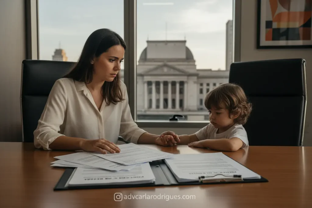 Mãe e filho revisando documentos legais sobre pensão alimentícia.