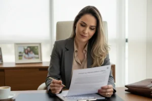 Mulher advogada em escritório, orientando sobre pensão alimentícia.