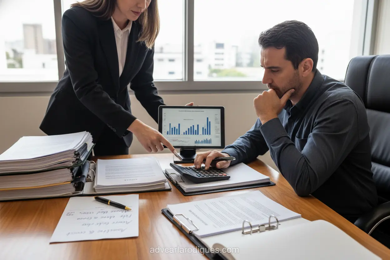Advogado e cliente calculando pensão alimentícia