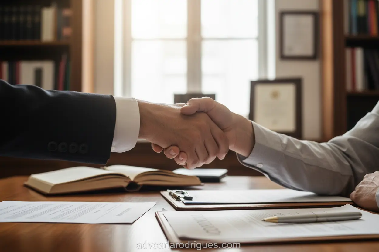 Advogado e cliente apertando as mãos em escritório.
