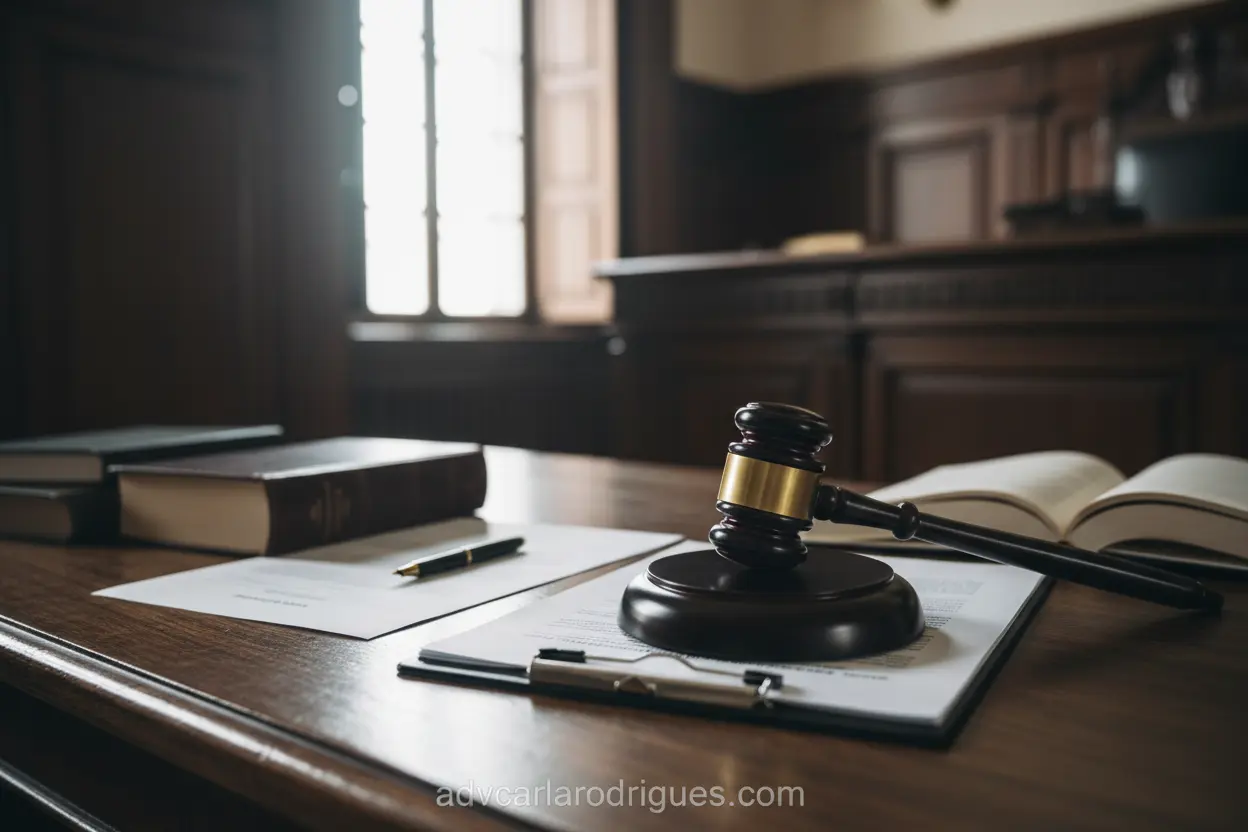 Documentos legais e martelo de juiz sobre as consequências do atraso da pensão