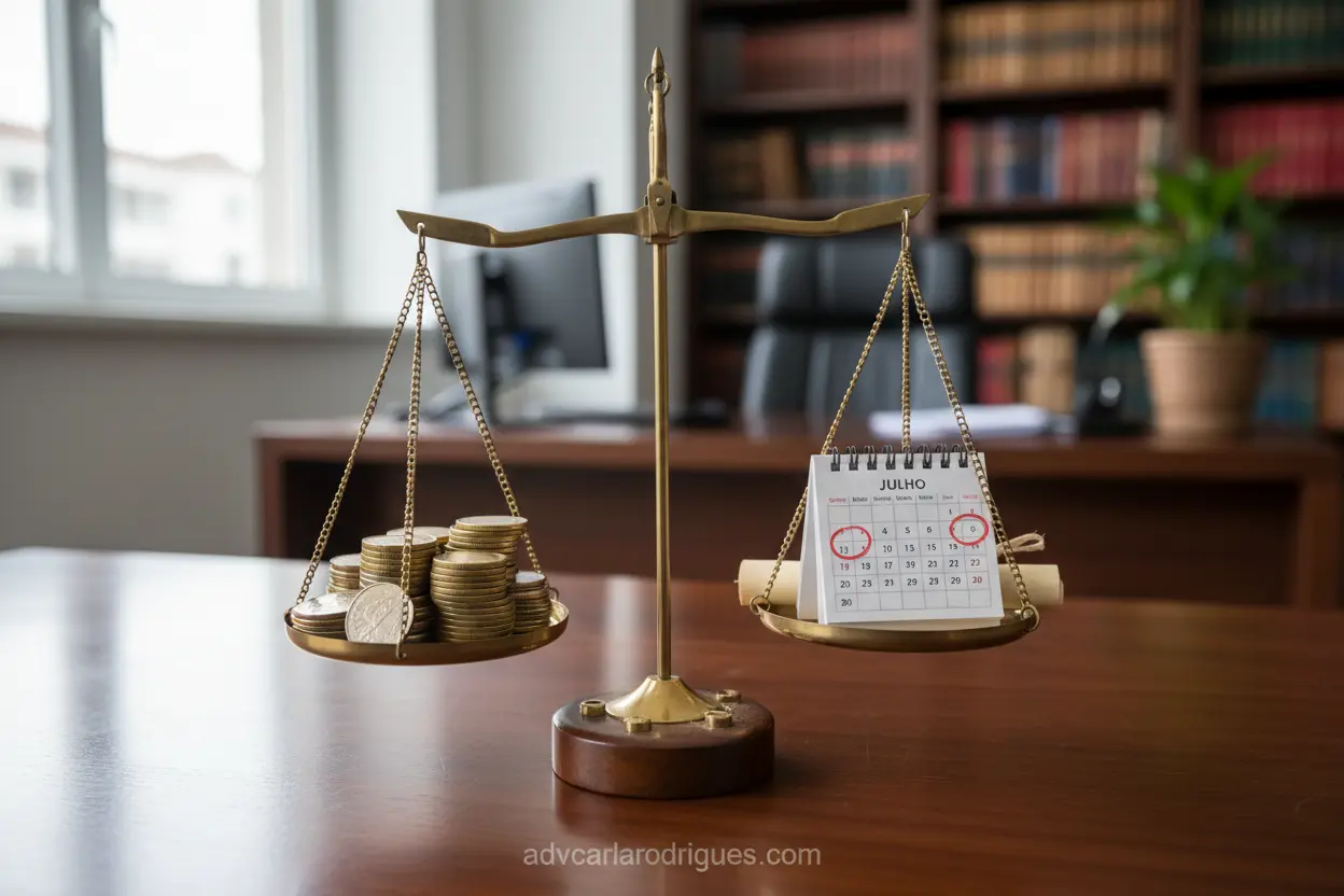 Balança legal com moedas e calendário, representando prazos e custos da ação de execução de alimentos.