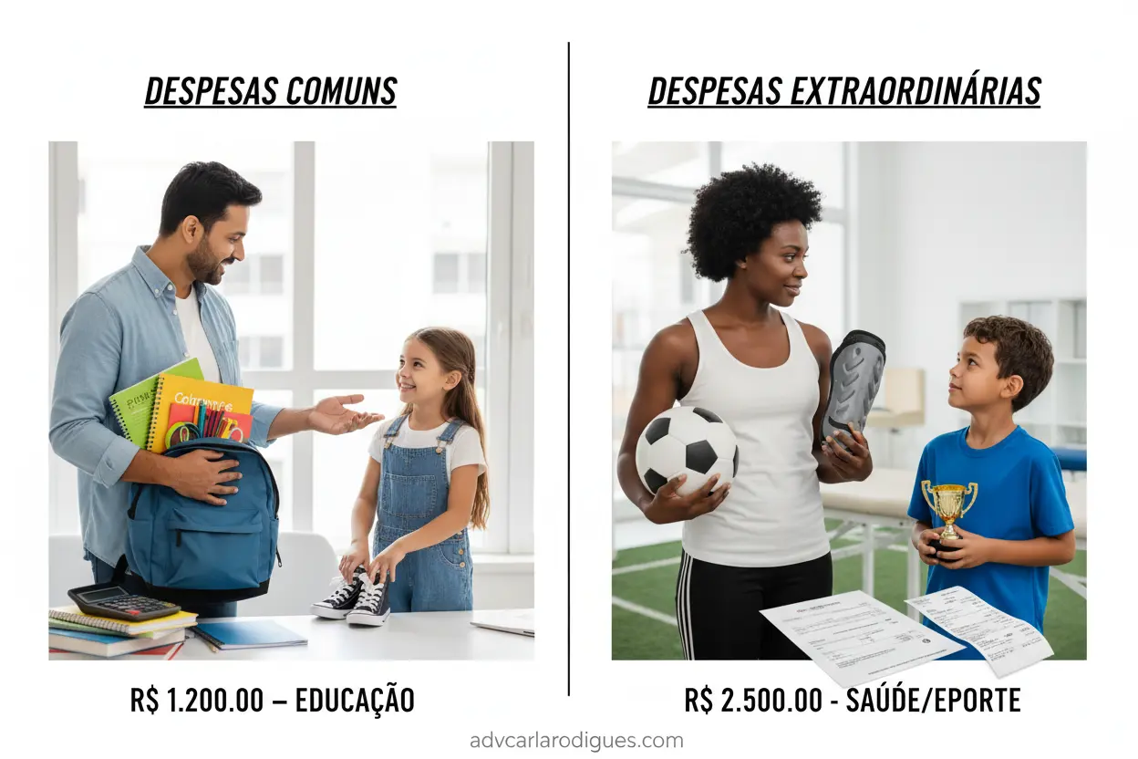 Divisão de Despesas Infantis Pais dividindo despesas comuns e extraordinárias dos filhos
