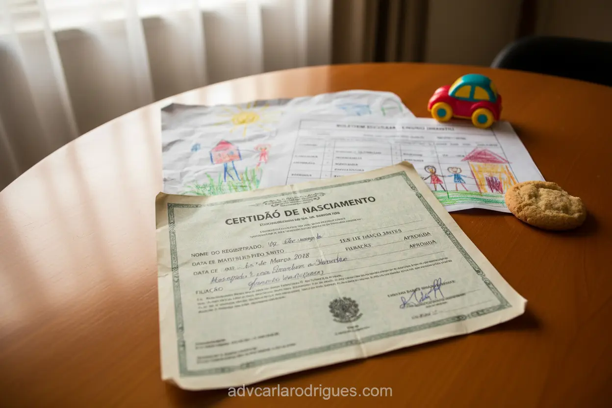 Certidão de nascimento e boletim escolar de criança para pensão