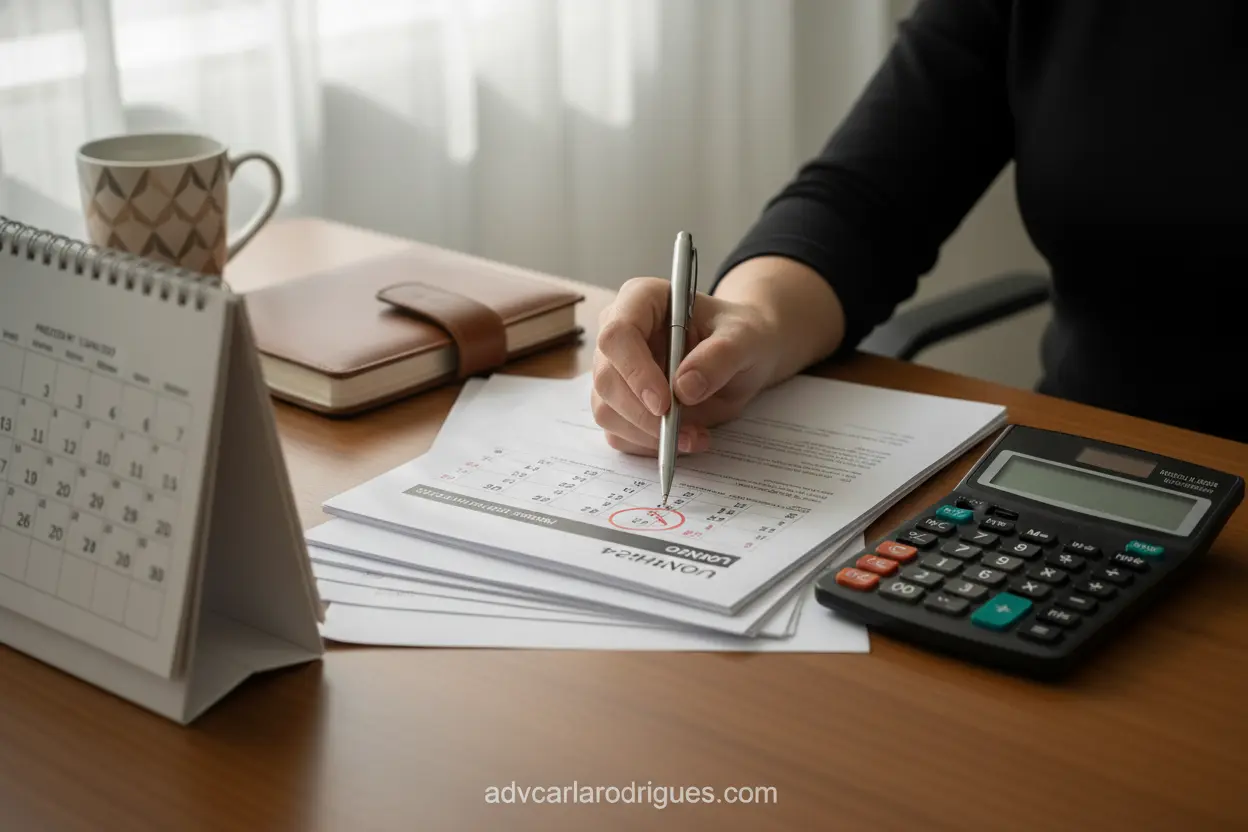 Documentos e Prazos Pensão Alimentícia Mesa com documentos e calendário para processo de pensão alimentícia
