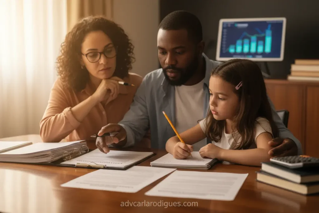 Família discutindo documentos legais sobre guarda compartilhada e pensão