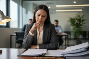 Mulher em escritório de advocacia analisando documentos sobre pensão alimentícia.