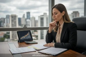 Advogada analisando documentos para revisão de pensão alimentícia