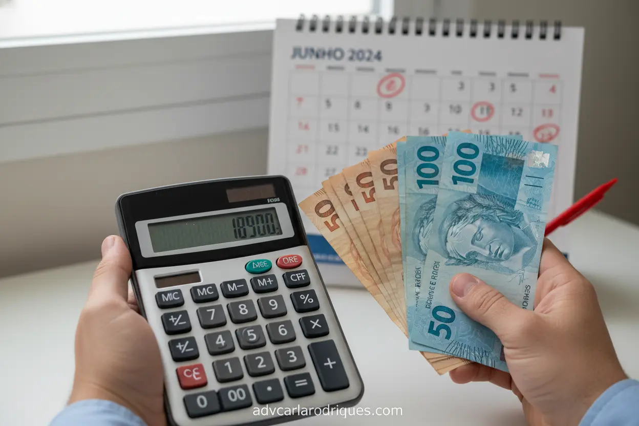 Mãos com calculadora e dinheiro, simbolizando custos e prazos de revisão.
